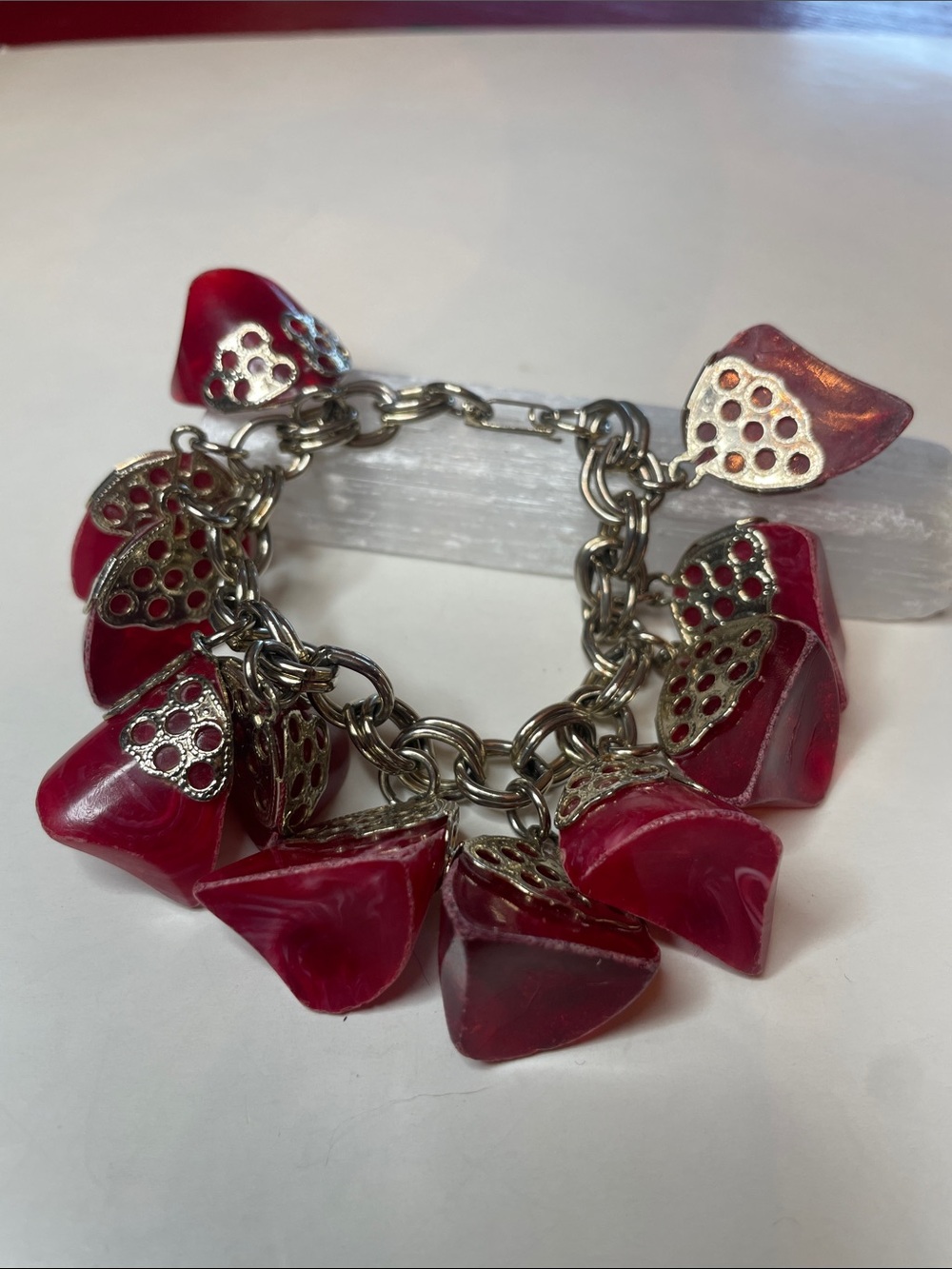 Vintage Chunky Red Lucite Charms Gold Tone Chain Bracelet